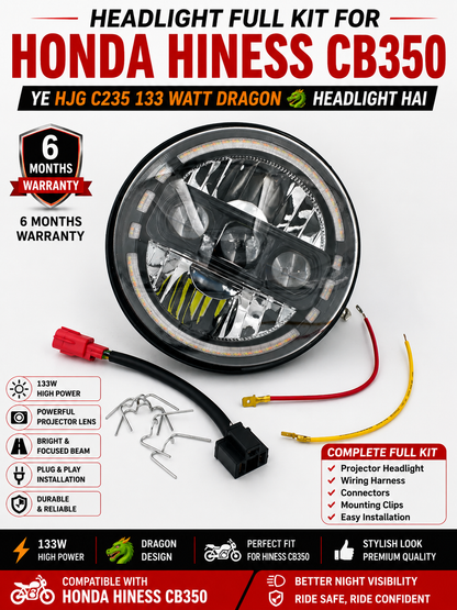 Honda CB350 , CB350 Dlx Pro , CB350c(Classic),CB350 Rs ,CB 350 Hiness H'ness / HJG C 235 133 Watt Dragon Projector Headlight ( Full Kit ) 6m Warranty