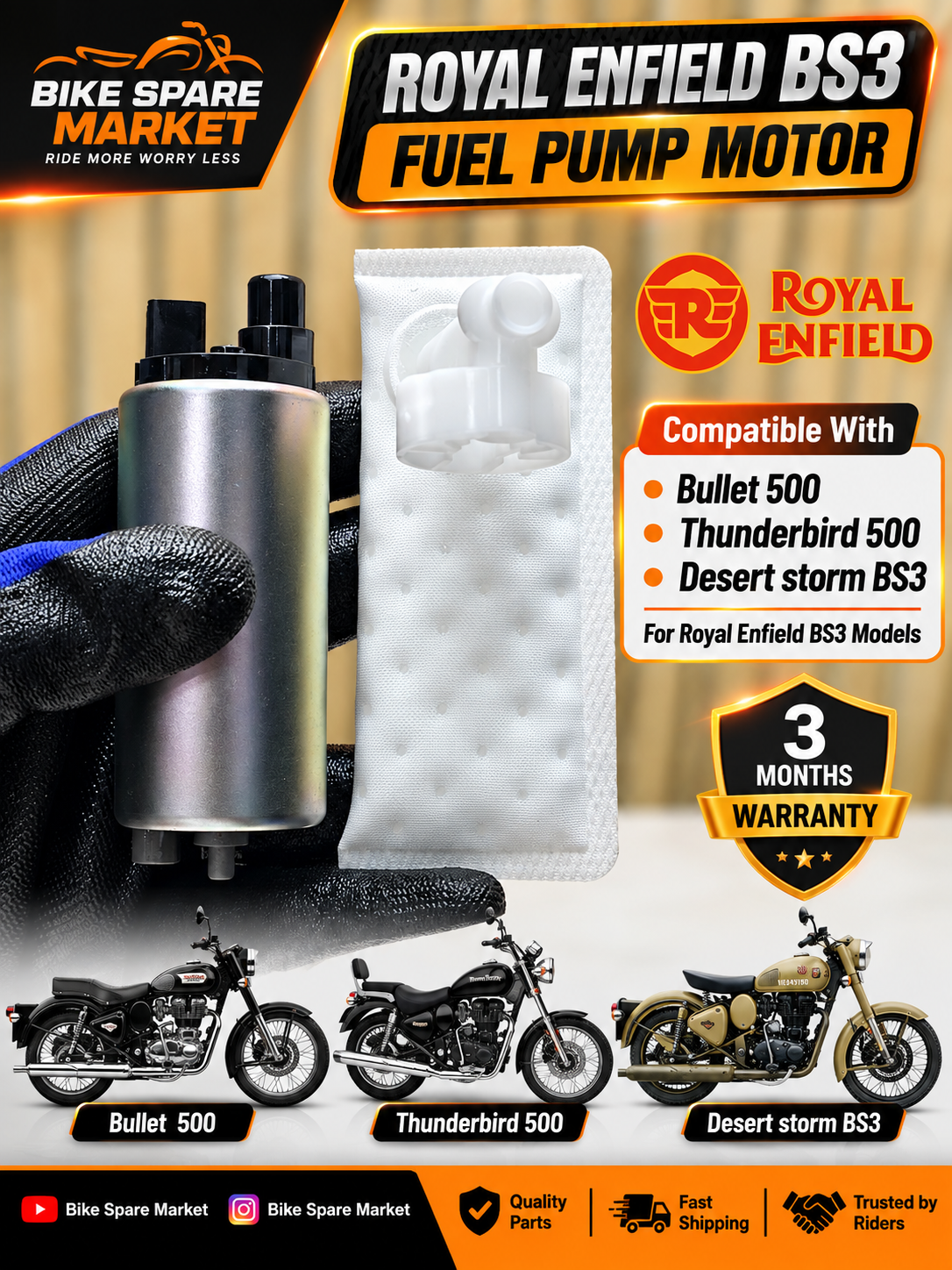 Royal Enfield Fuel Pump Motor For Bullet 500, Thunderbird 500, Desert storm BS3 ( 3m Warranty )