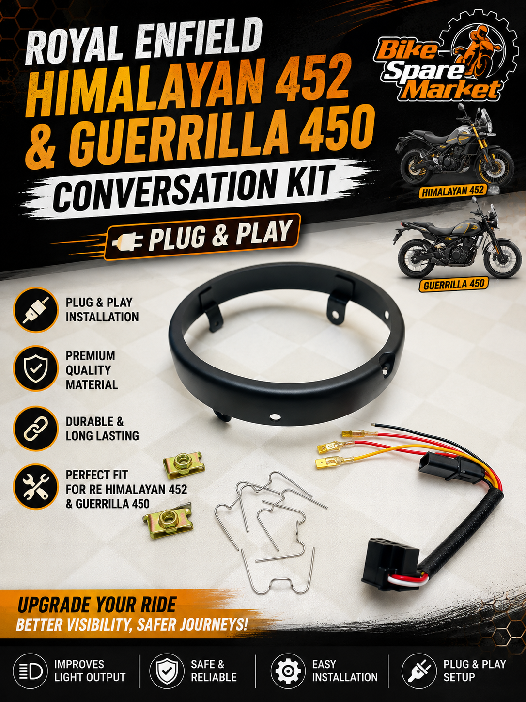 ( HIMALAYAN 452 , GUERRILLA 450 ) Royal Enfield RE Headlight Conversation Kit ( Ring , Coupler , Nut Bolt , Lock Clips )