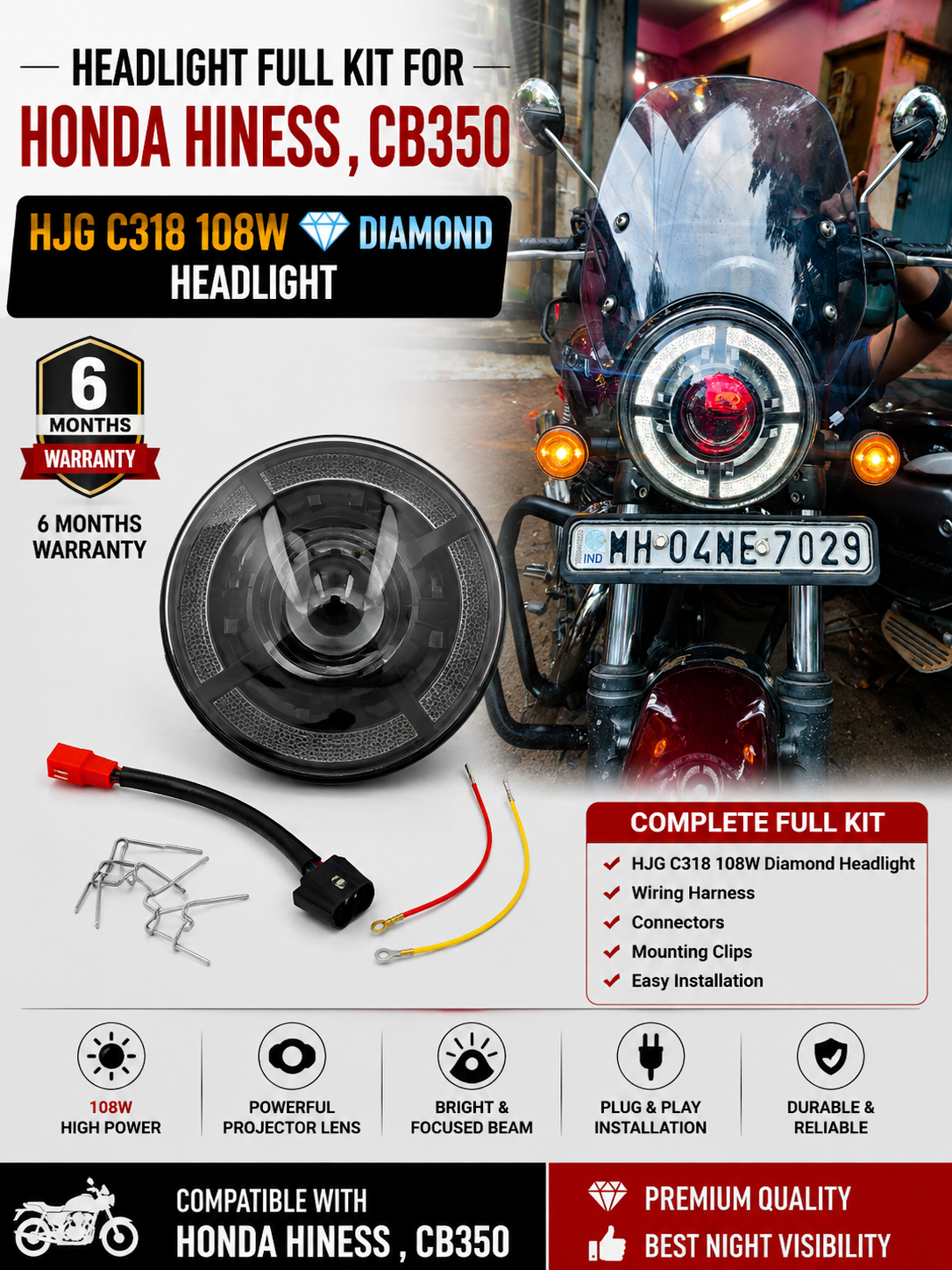 Honda CB350 , CB350 Dlx Pro , CB350c(Classic),CB350 Rs ,CB 350 Hiness H'ness , HJG C318 108w Diamond Projector Headlight ( Full kit ) 6m Warranty