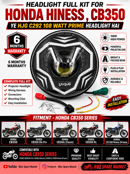 Honda CB350 , CB350 Dlx Pro , CB350c(Classic),CB350 Rs ,CB 350 Hiness H'ness , Hjg C292 108watt Prime Projector headlight ( full kit ) 6m Warranty