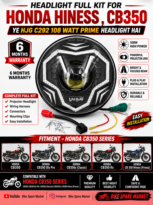 Honda CB350 , CB350 Dlx Pro , CB350c(Classic),CB350 Rs ,CB 350 Hiness H'ness , Hjg C292 108watt Prime Projector headlight ( full kit ) 6m Warranty