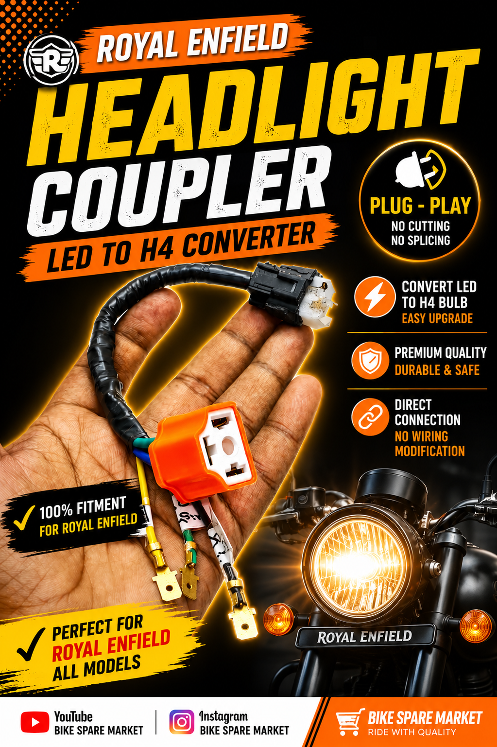 ( Hand 👏 made ) Royal Enfield RE Headlight Coupler LED to H4 Conversion Shocket