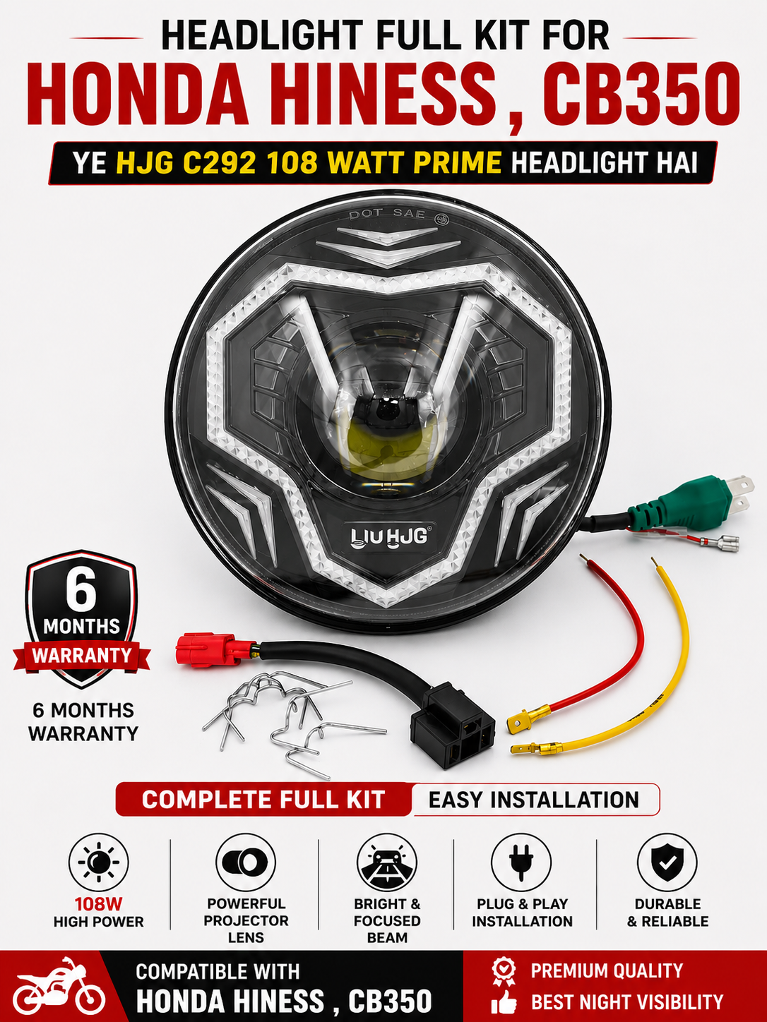 Honda CB350 , CB350 Dlx Pro , CB350c(Classic),CB350 Rs ,CB 350 Hiness H'ness , Hjg C292 108watt Prime Projector headlight ( full kit ) 6m Warranty