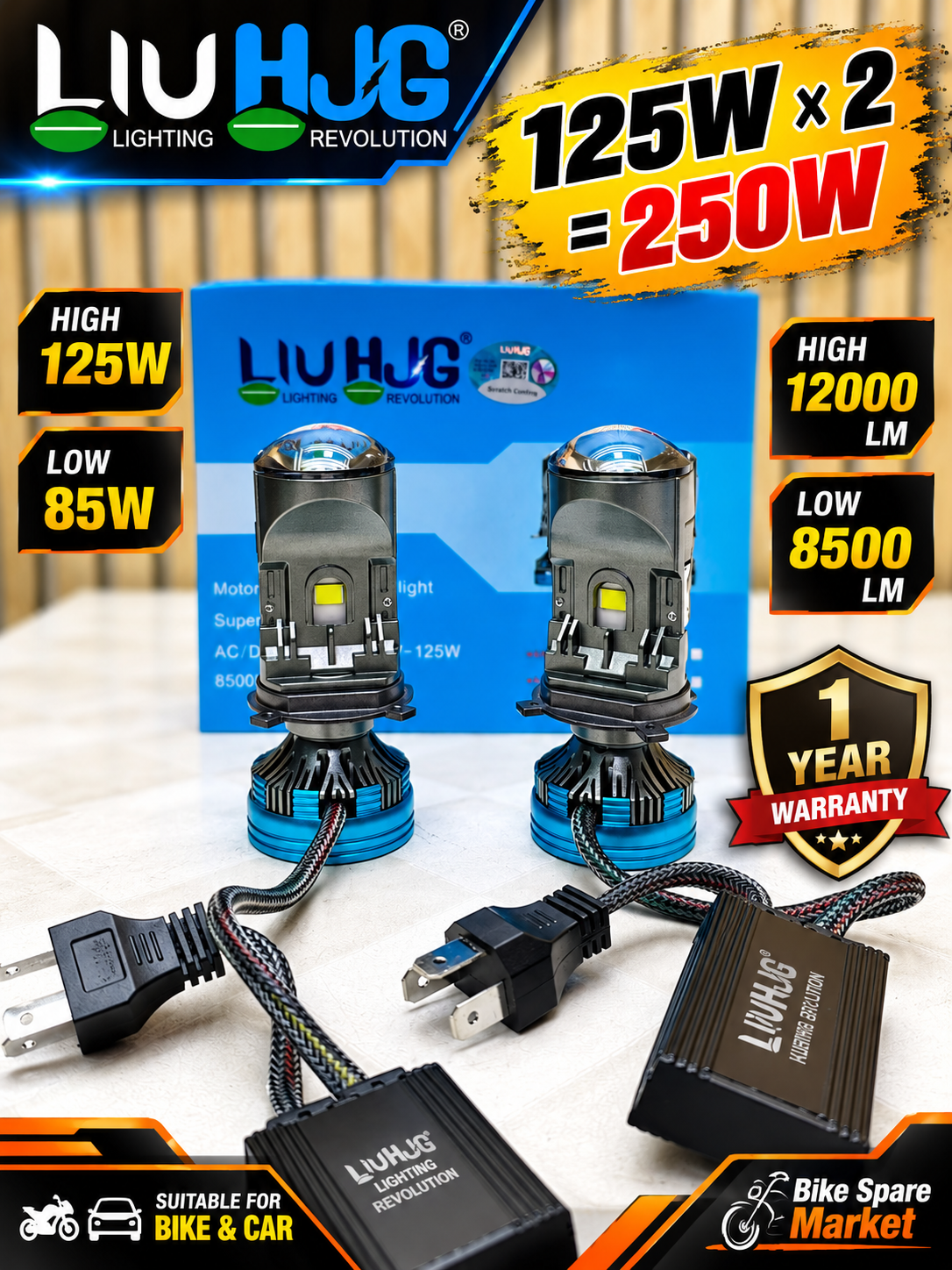 (Pair) HJG 125W×2 =250w LED H4 Headlight Projector Bulb 125w Watt High 85 Watt Low 12000LM - 8500LM 12v-80v ( 1 year Warranty )