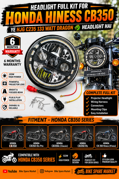 Honda CB350 , CB350 Dlx Pro , CB350c(Classic),CB350 Rs ,CB 350 Hiness H'ness / HJG C 235 133 Watt Dragon Projector Headlight ( Full Kit ) 6m Warranty