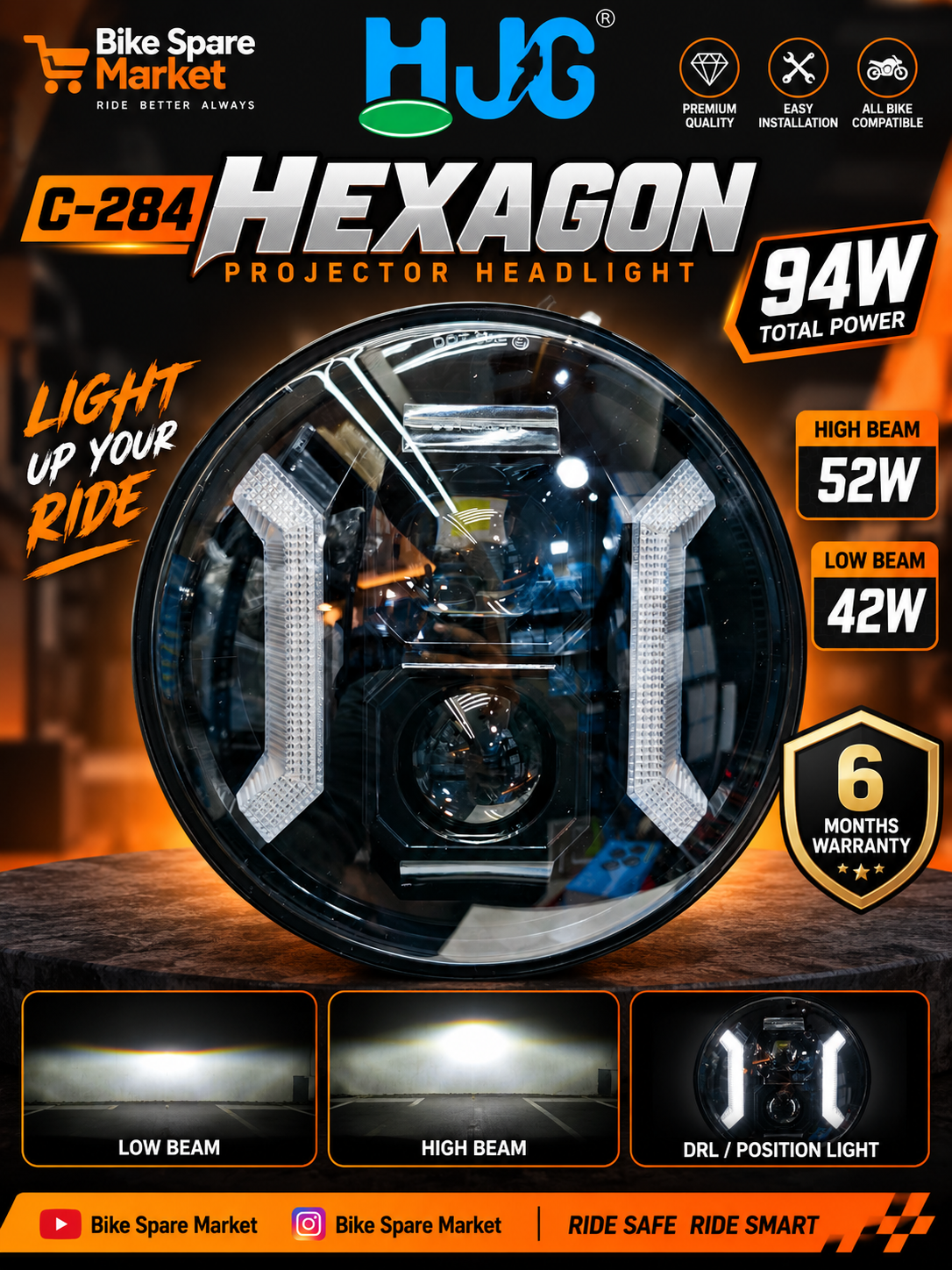 HJG HEXAGON C-284 94 watt HEADLIGHT HIGH 52W LOW 42w (6m warranty )
