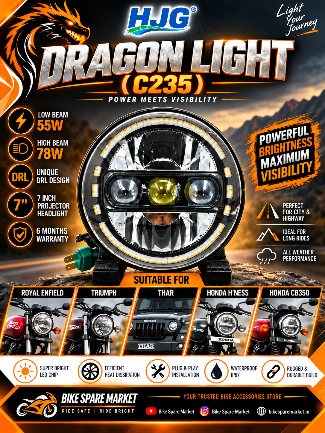 HJG C 235 DRAGON PROJECTOR HEADLIGHT 133 watt High 78w Low 55w ( 6m Warranty )