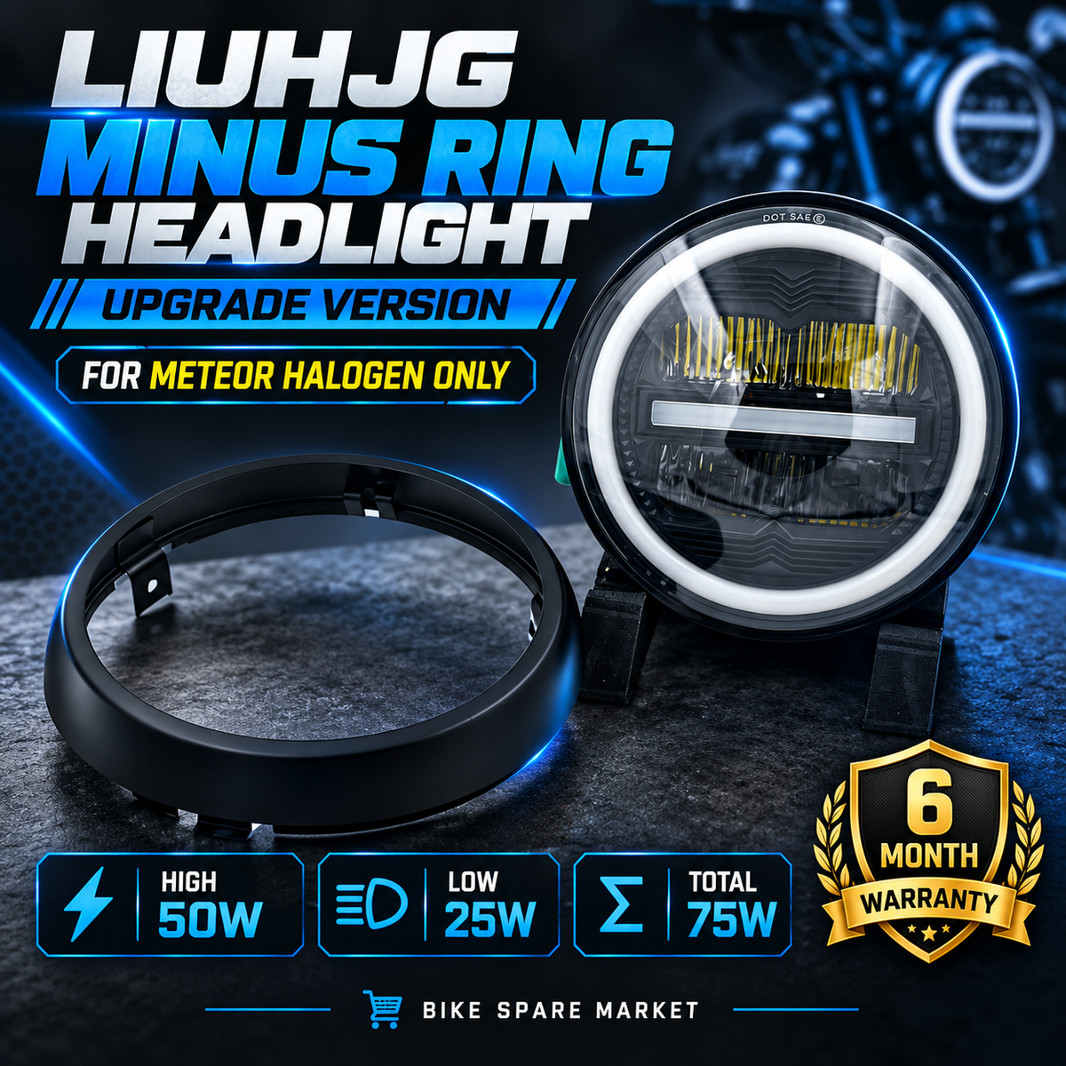 (METEOR Halogen) HjG Minus Ring  Headlight Upgrade Version 75w High 50w Low 25w (6m Warranty ) Discription