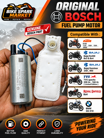 Original Bosch Fuel Pump Motor Compatible With :
KTM 125 , 200 , 250 , 3900
Bajaj Rs200 Bs3 & Bs4
Bajaj Dominor 250 , 400
TVS apache 200 4v , 160 4v ( Limited Edition) Royal Enfield Bs4 BMW GS310 (3M Warranty)