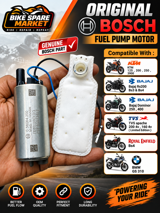 Original Bosch Fuel Pump Motor Compatible With :
KTM 125 , 200 , 250 , 3900
Bajaj Rs200 Bs3 & Bs4
Bajaj Dominor 250 , 400
TVS apache 200 4v , 160 4v ( Limited Edition) Royal Enfield Bs4 BMW GS310 (3M Warranty)