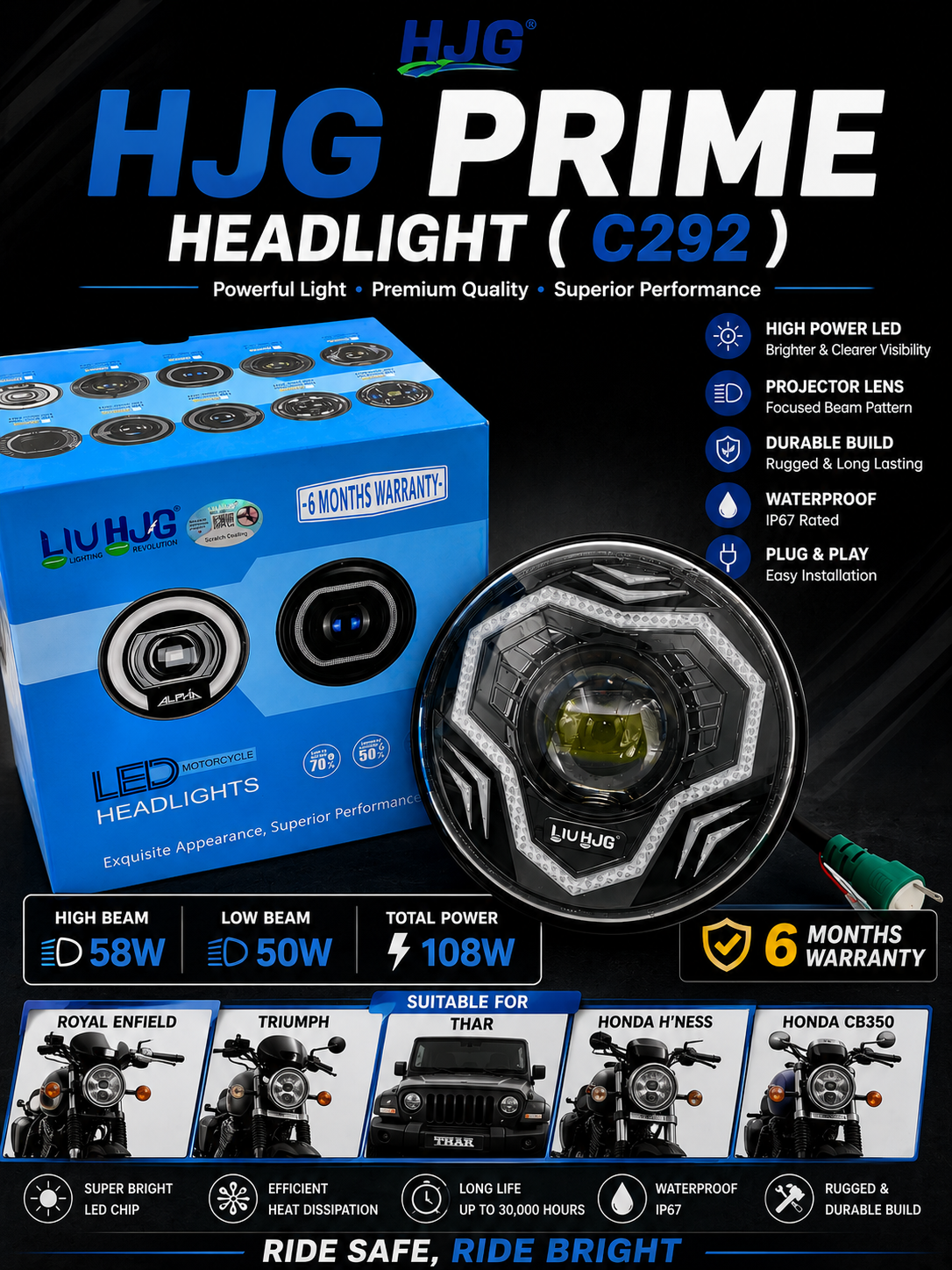 HJG ( C292 ) PRIME PROJECTOR HEADLIGHT 108WATT HIGH 58W low 50w ( 6m Warranty )