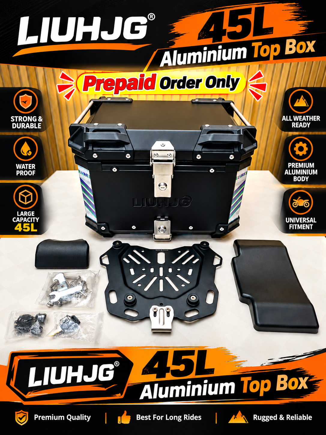 HJG 45L Aluminium Top Box With Back Rest