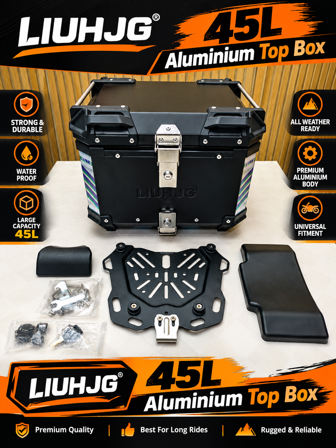 HJG 45L Aluminium Top Box With Back Rest