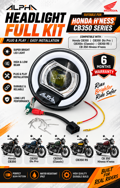 Honda CB350 , CB350 Dlx Pro , CB350c(Classic),CB350 Rs ,CB 350 Hiness H'ness,HJG C-325 128w Projector  Headlight ( Full Kit ) 6m Warranty