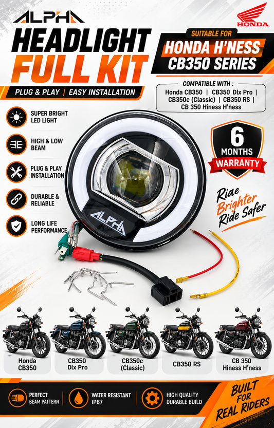 Honda CB350 , CB350 Dlx Pro , CB350c(Classic),CB350 Rs ,CB 350 Hiness H'ness,HJG C-325 128w Projector  Headlight ( Full Kit ) 6m Warranty