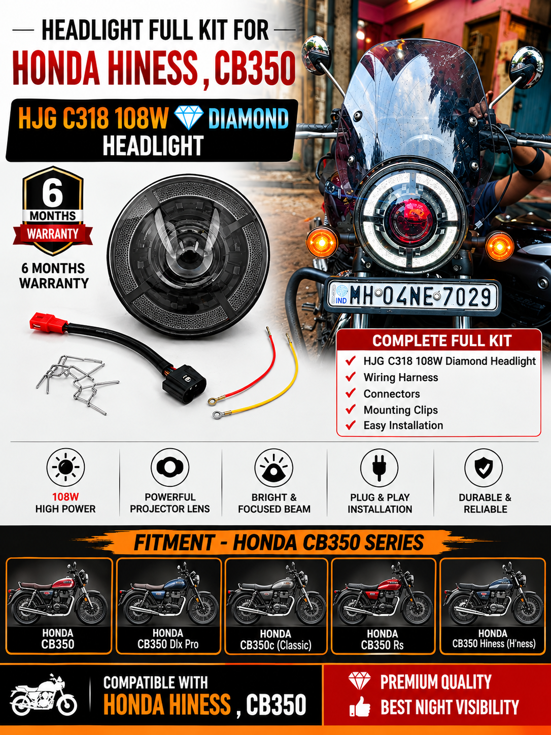 Honda CB350 , CB350 Dlx Pro , CB350c(Classic),CB350 Rs ,CB 350 Hiness H'ness , HJG C318 108w Diamond Projector Headlight ( Full kit ) 6m Warranty