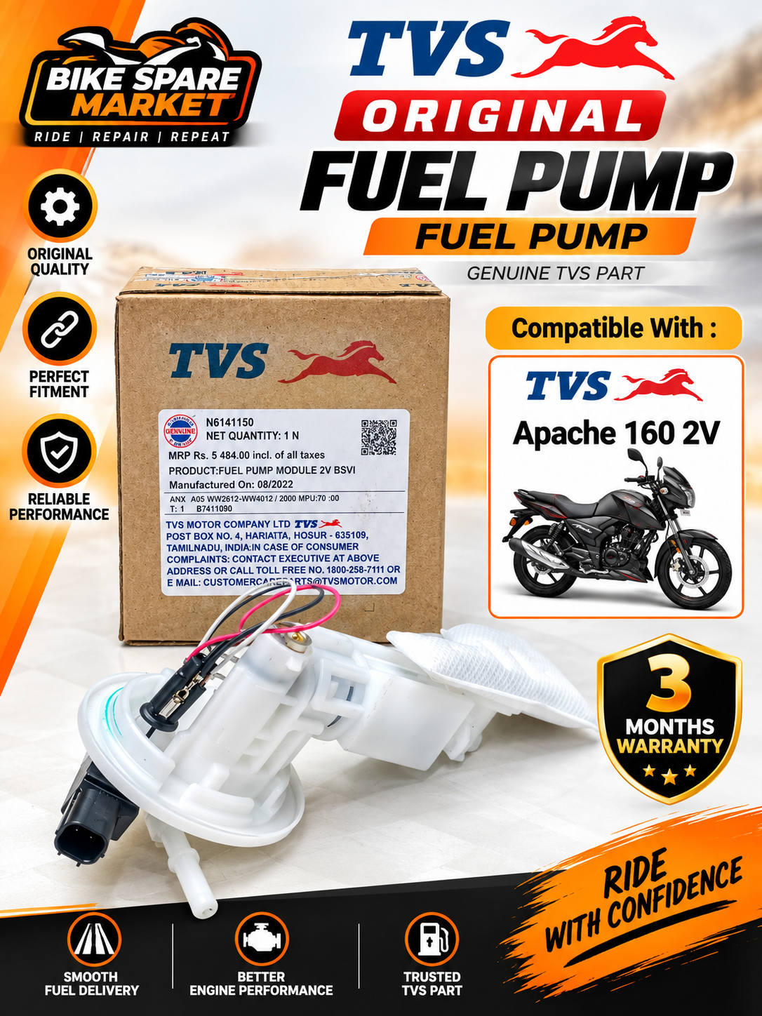 Original TVS Apache RTR 160 2v Fuel Pump Assembly (3M Warranty) (Open Box)