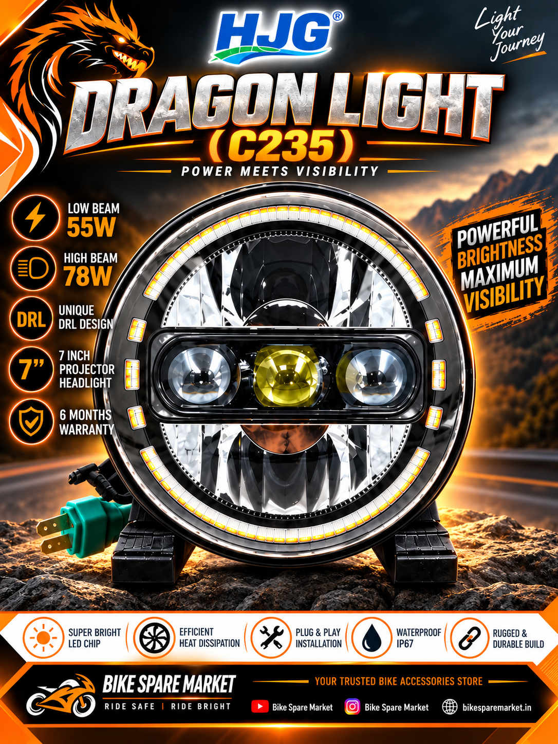 HJG C 235 DRAGON PROJECTOR HEADLIGHT 133 watt High 78w Low 55w ( 6m Warranty )