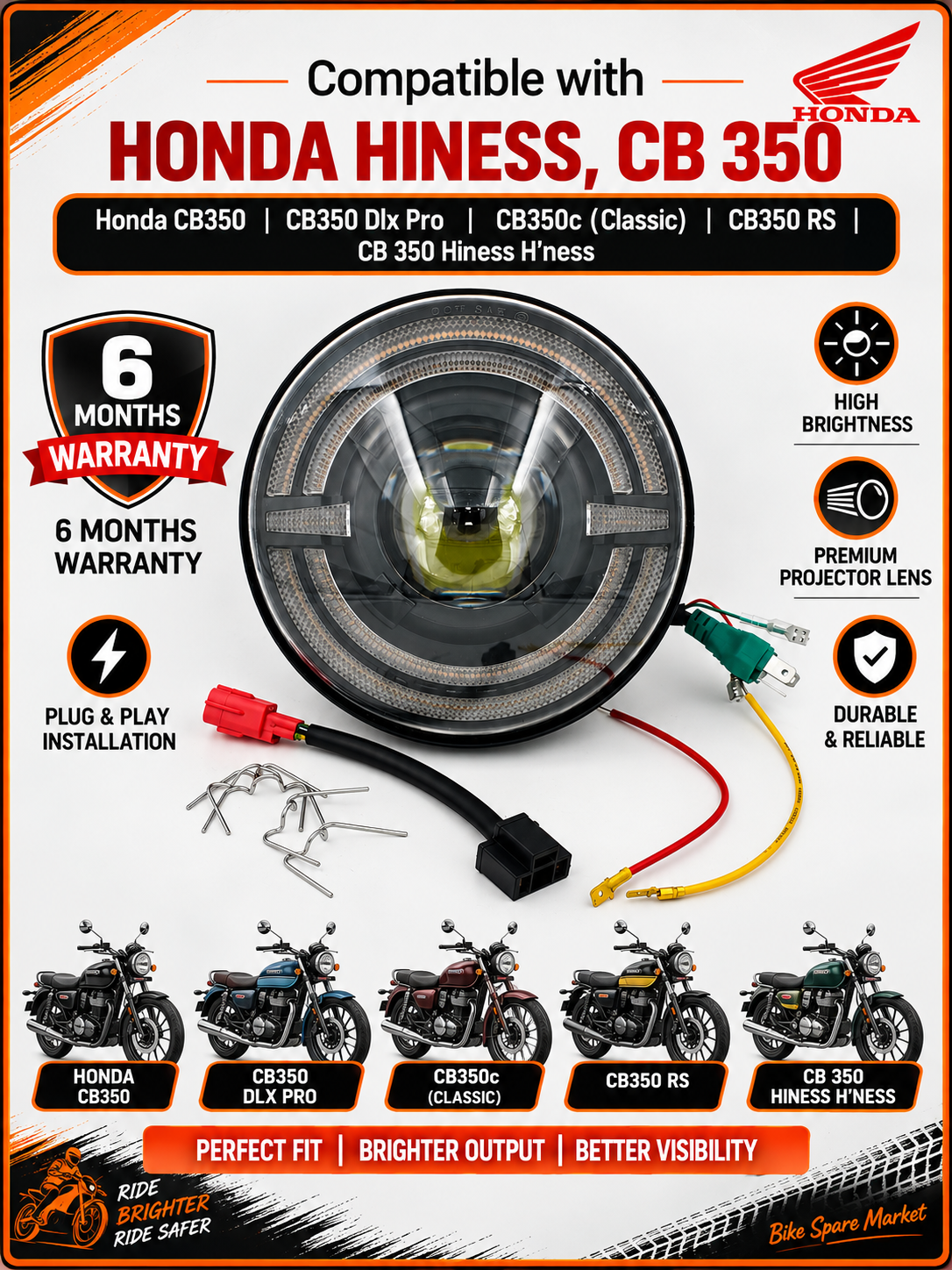 Honda CB350 , CB350 Dlx Pro , CB350c(Classic),CB350 Rs ,CB 350 Hiness H'ness,Hjg C319 93w Projector Headlight ( full kit ) 6m Warranty